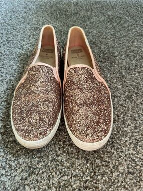 Keds Glitter Slip-On Sneakers in Rose Gold and Pink Trim